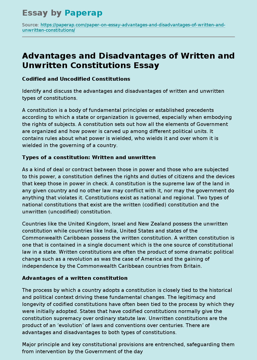 Advantages and Disadvantages of Written and Unwritten Constitutions