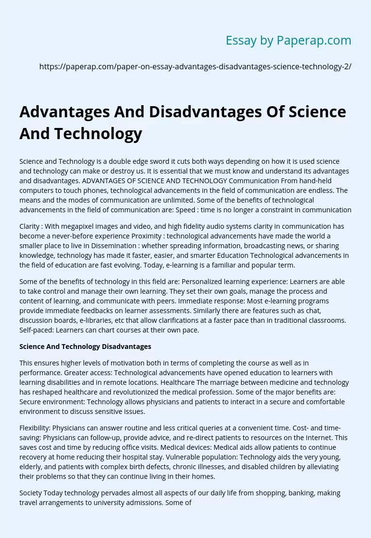Advantages And Disadvantages Of Science And Technology