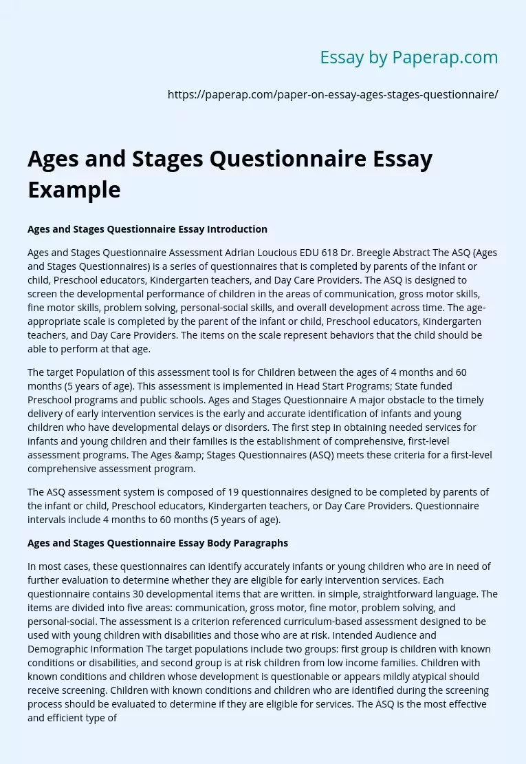 Ages and Stages Questionnaire Essay Example