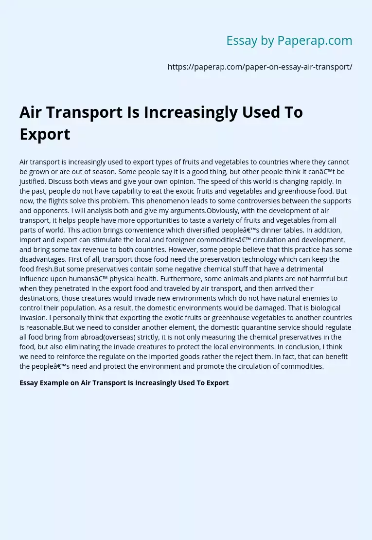 Air Transport Is Increasingly Used To Export