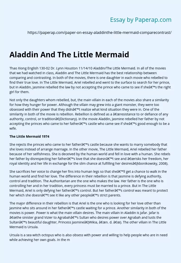 Comparison and Contrast of the Films Aladdin and the Little Mermaid