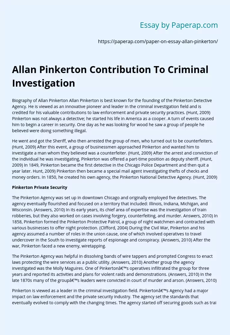 Allan Pinkerton Contribution To Criminal Investigation