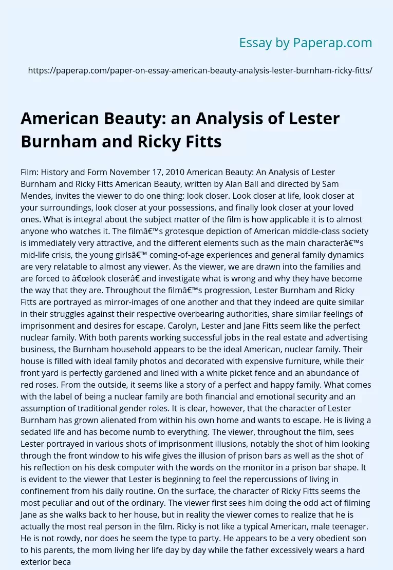 American Beauty: an Analysis of Lester Burnham and Ricky Fitts
