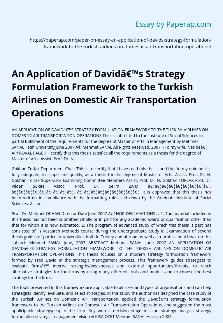 An Application of David’s Strategy Formulation Framework to the Turkish Airlines on Domestic Air Transportation Operations