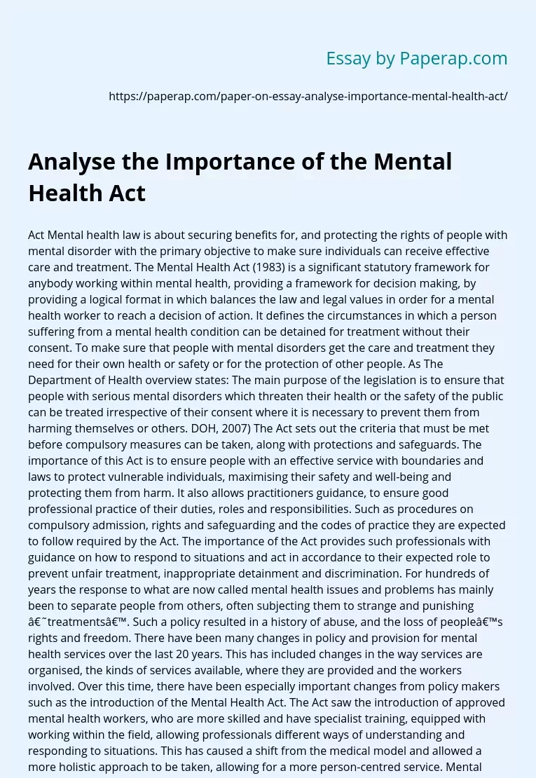 Analyse the Importance of the Mental Health Act