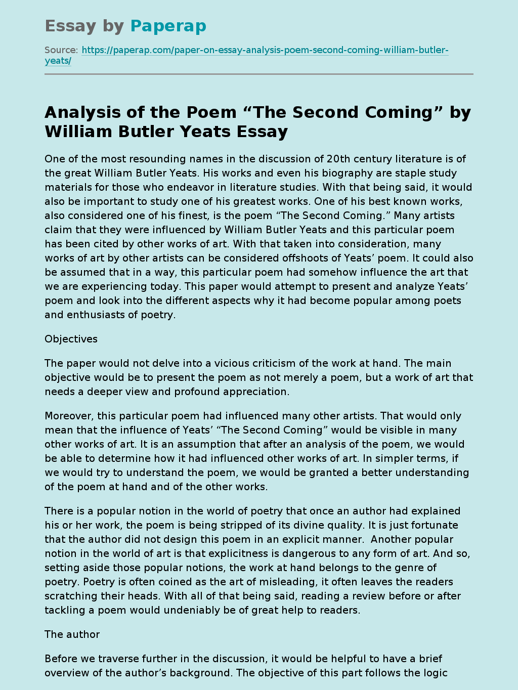Analysis of the Poem “The Second Coming” by William Butler Yeats