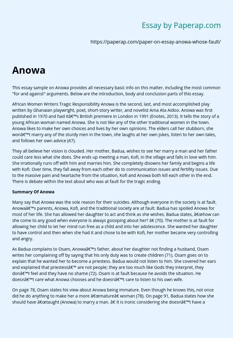 Anowa by Ama Ata Aidoo Play Analysis