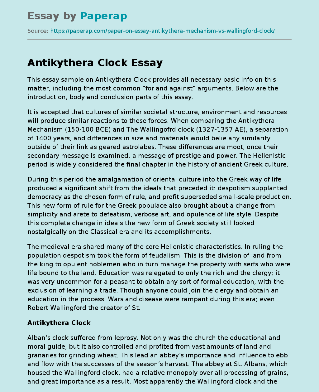 Essay Sample on Antikythera Clock