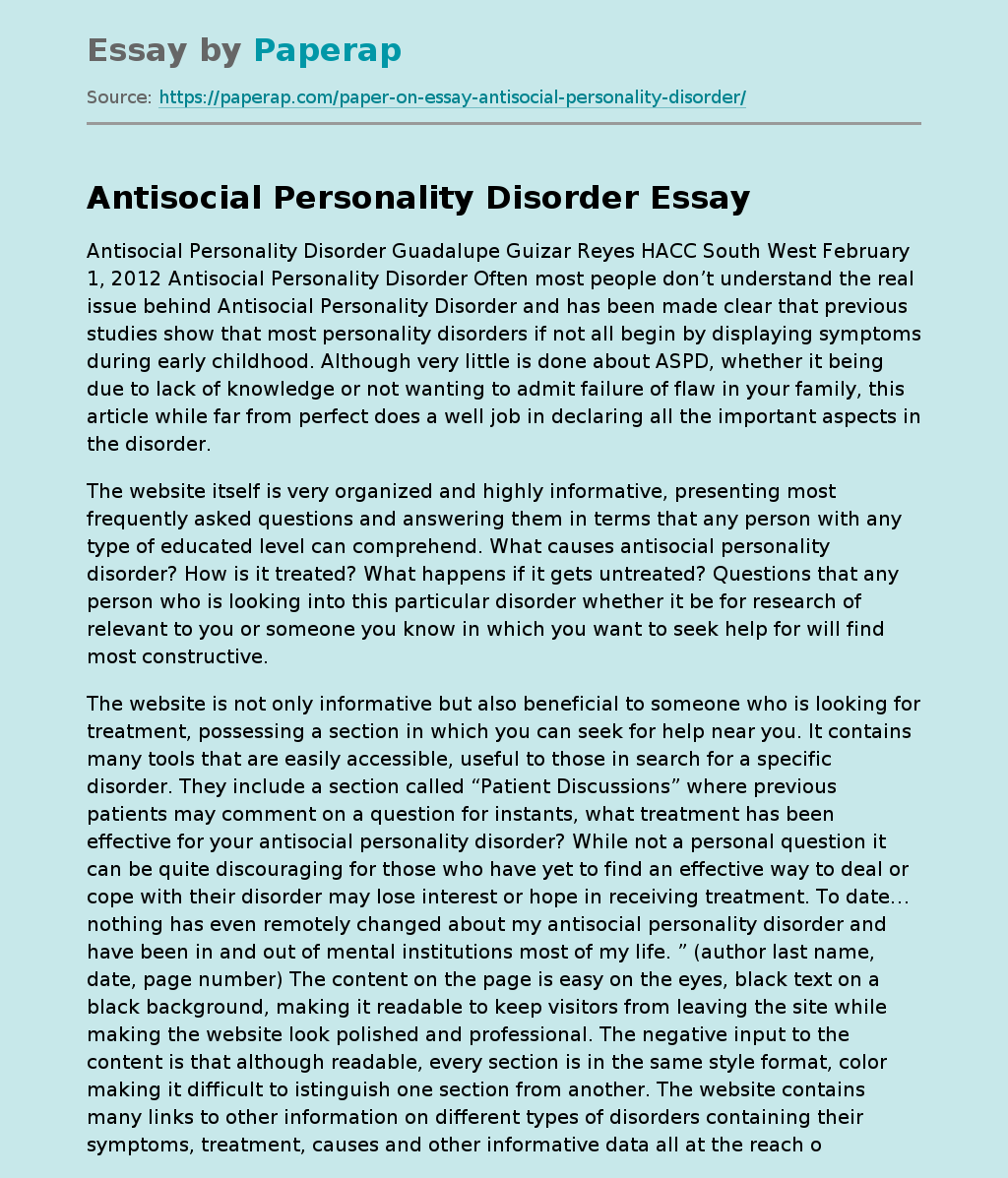 Antisocial Personality Disorder Free Essay Example