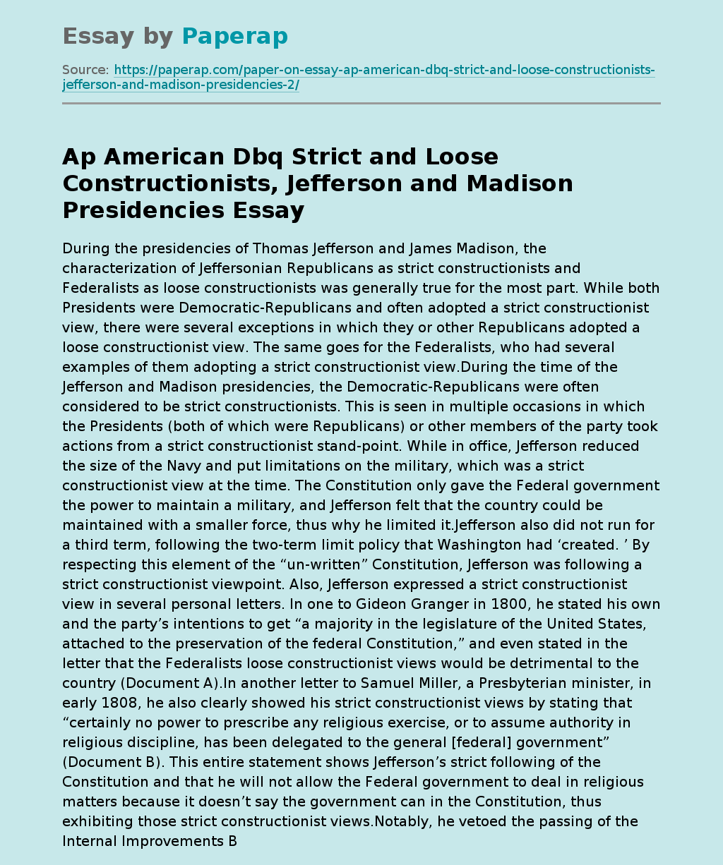 Ap American Dbq Strict and Loose Constructionists, Jefferson and Madison Presidencies