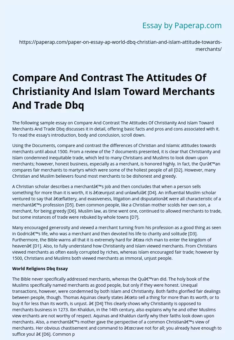 Compare And Contrast The Attitudes Of Christianity And Islam Toward Merchants And Trade Dbq