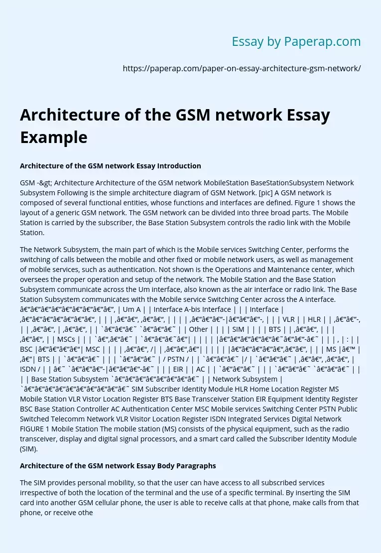Architecture of the GSM network Essay Example