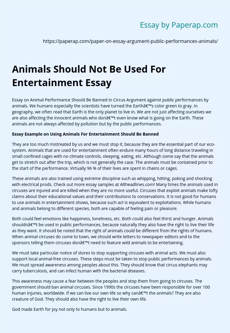 Animals Should Not Be Used For Entertainment Speech Essay Example