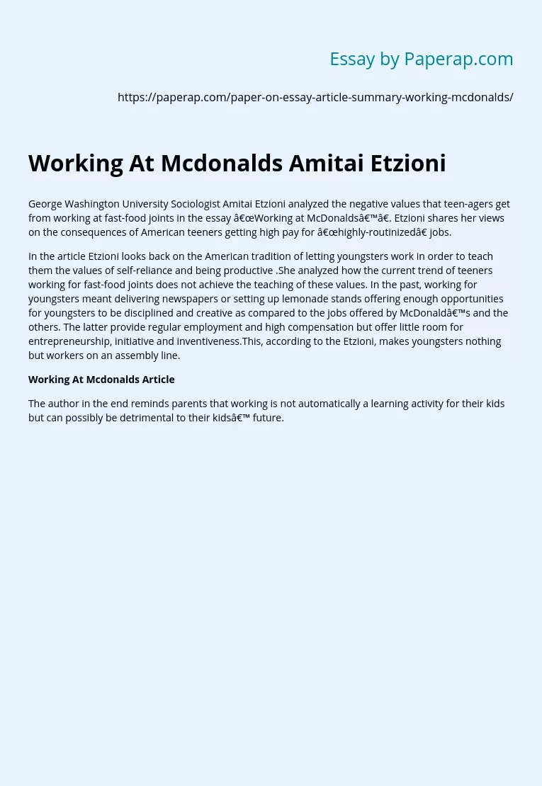 Working At Mcdonalds Amitai Etzioni