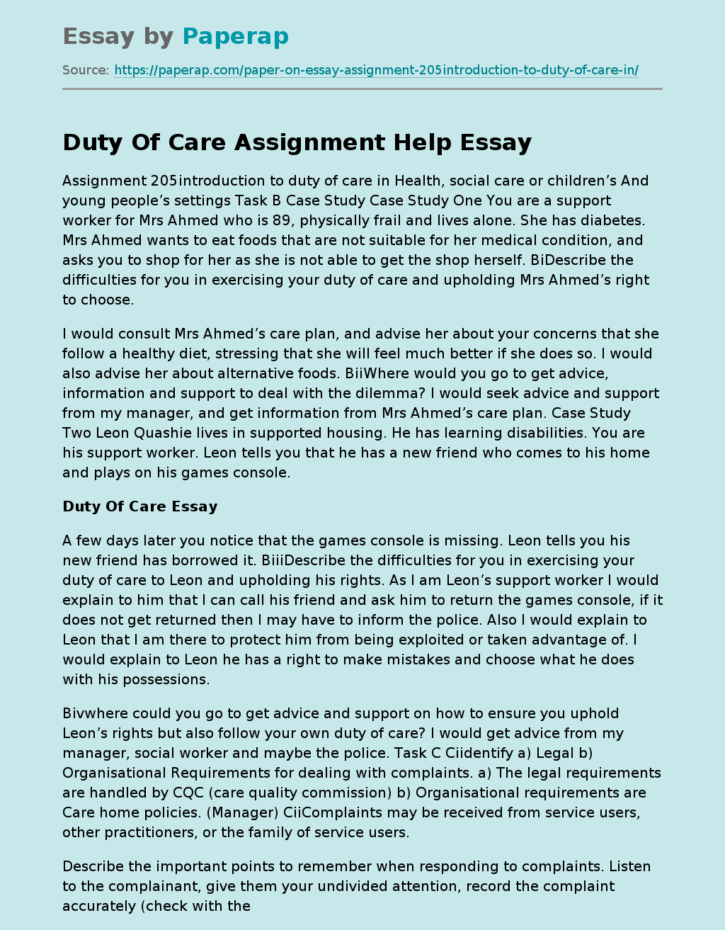 Duty Of Care Assignment Help
