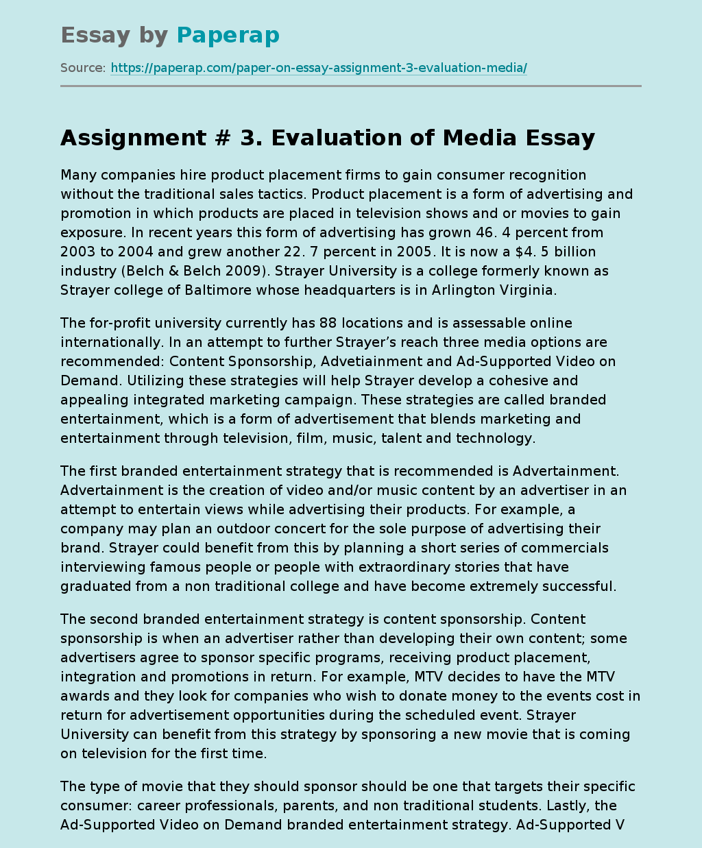 Evaluation of Media: Branded Entertainment Strategy