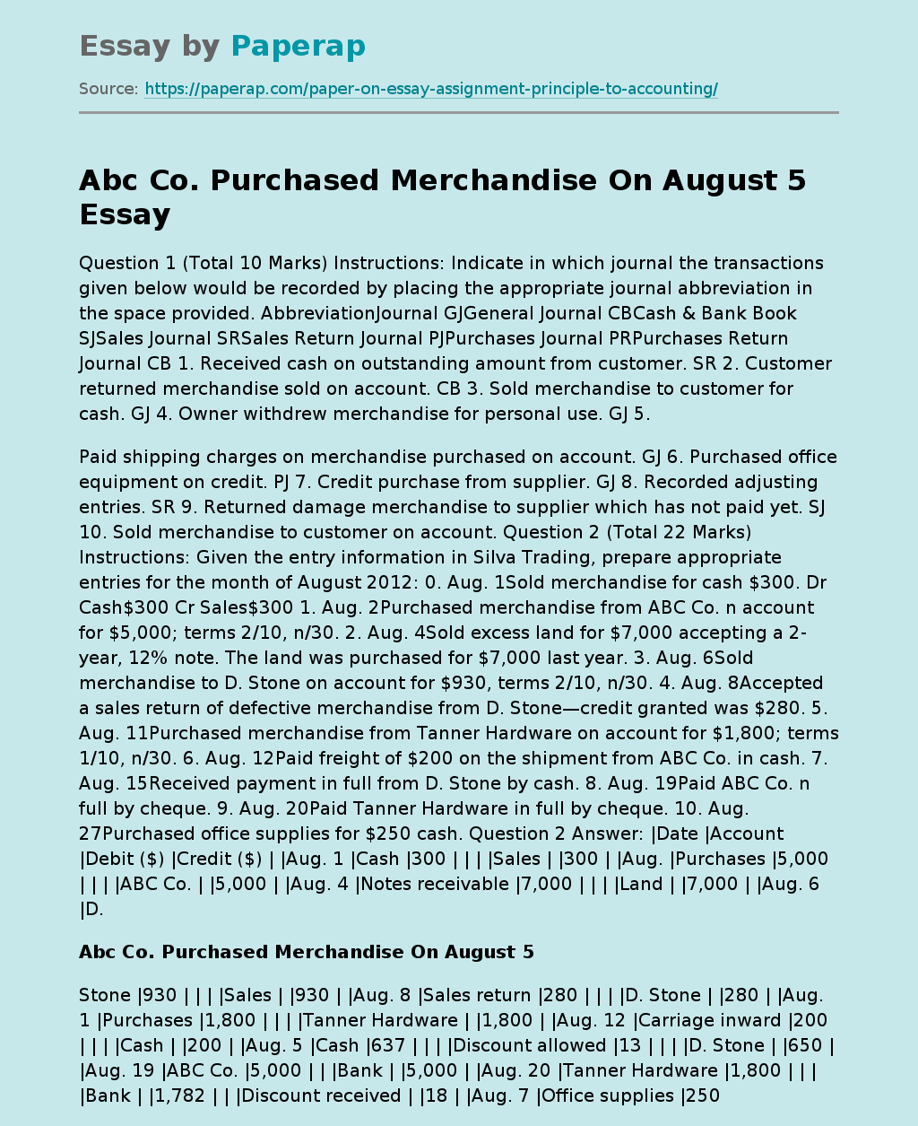 Abc Co. Purchased Merchandise On August 5