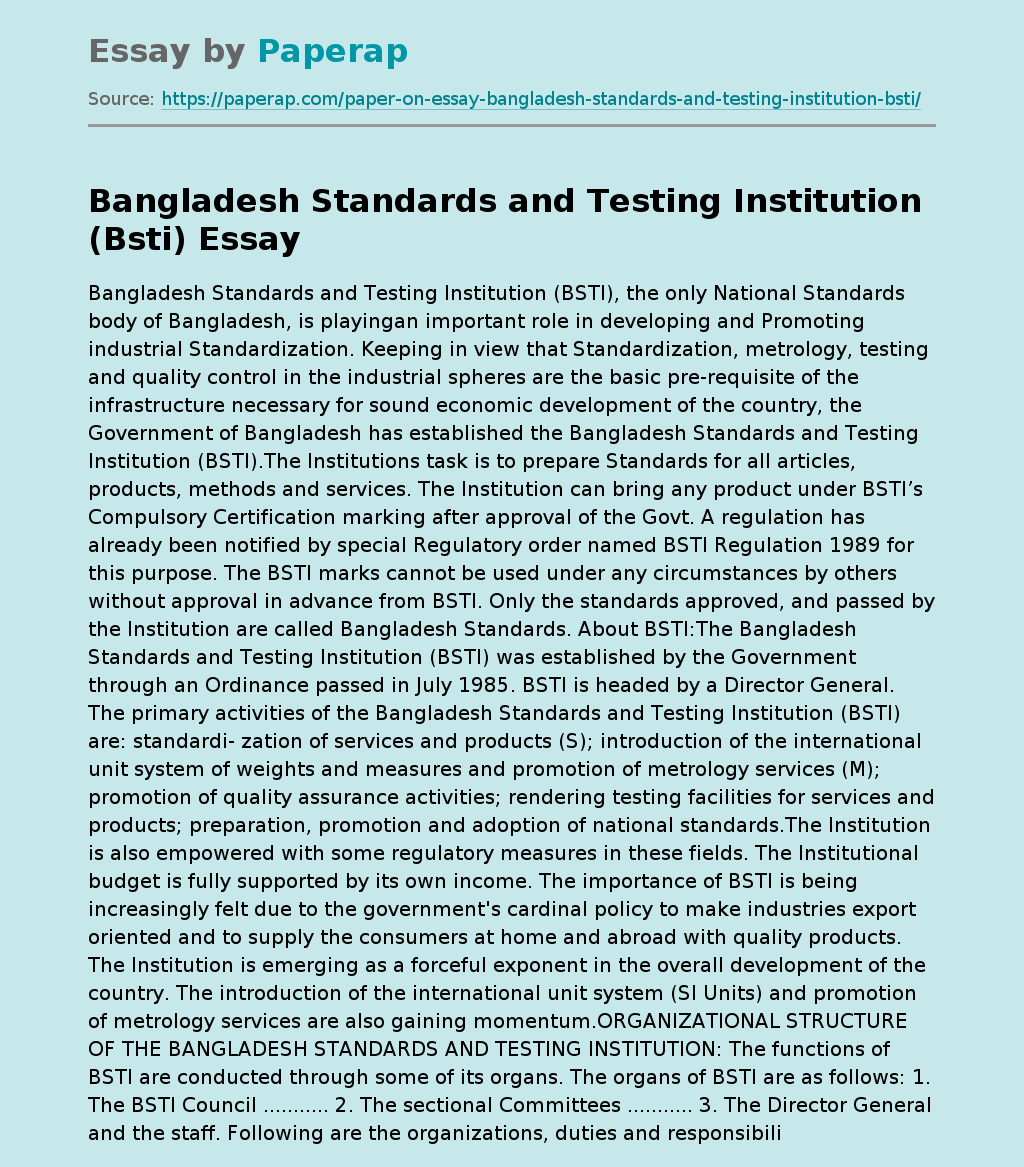 Bangladesh Standards and Testing Institution (Bsti)