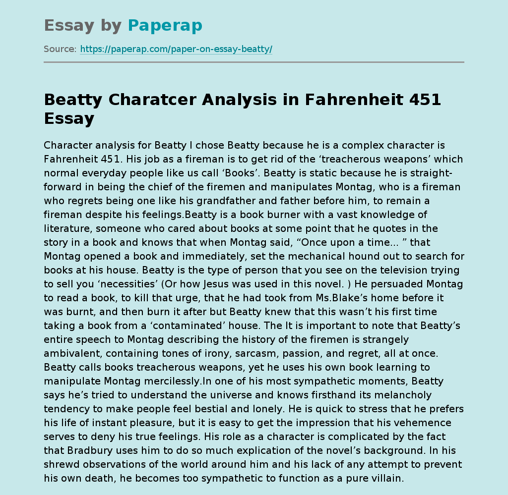 Beatty Charatcer Analysis in "Fahrenheit 451"