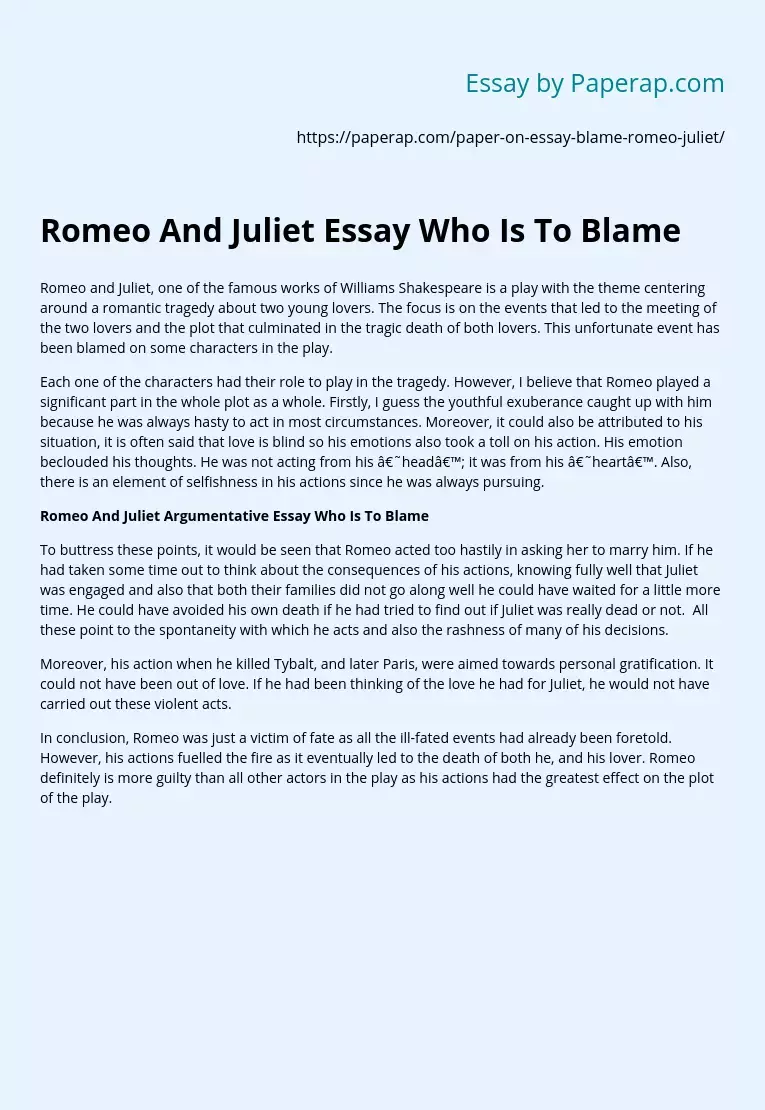 Romeo And Juliet Essay Who Is To Blame