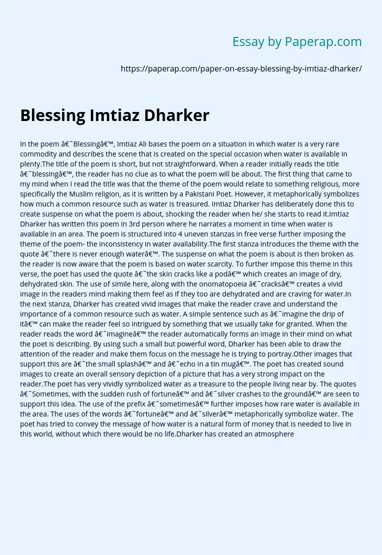 The Poem “Blessing” by Imtiaz Dharker
