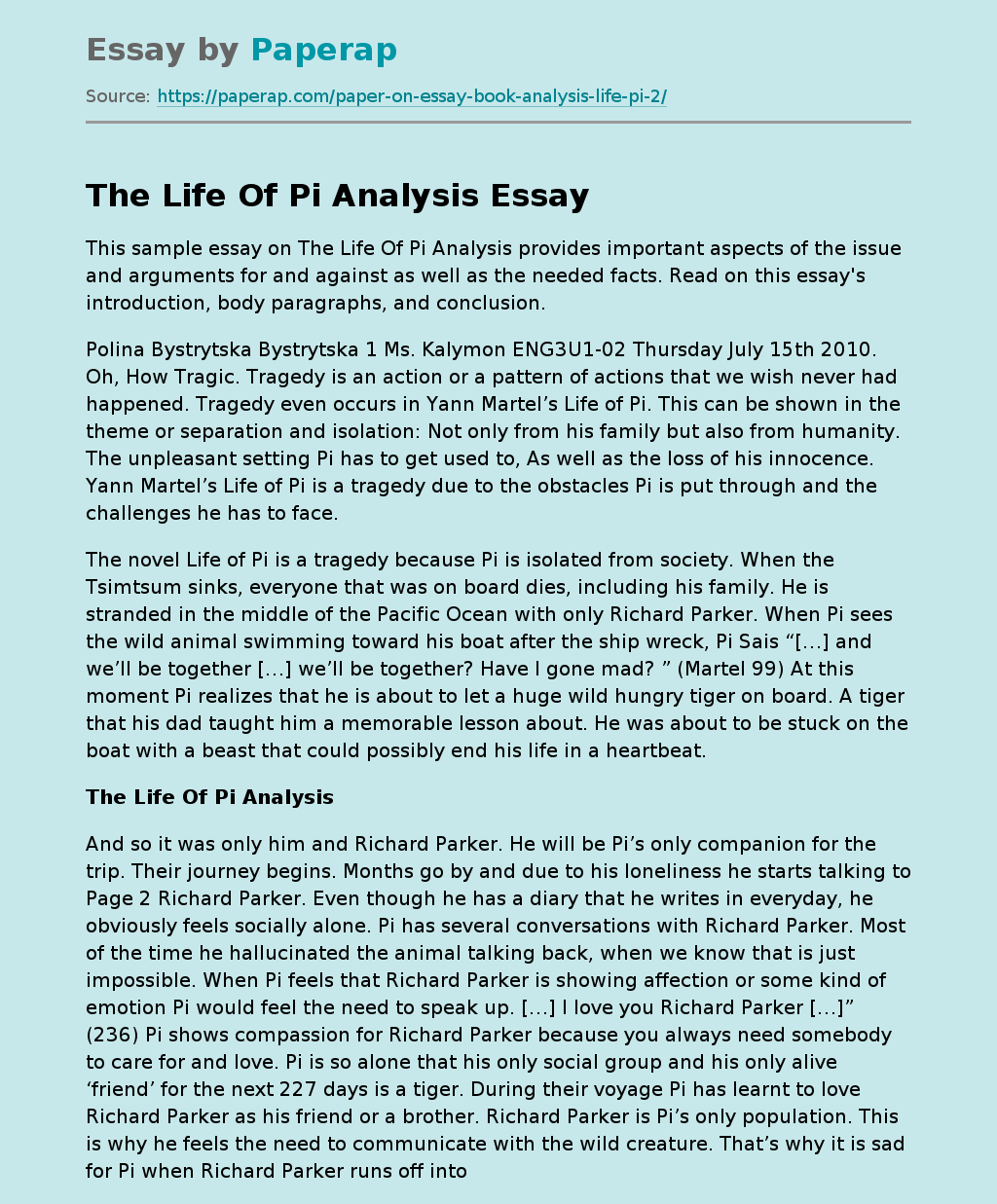 Analysis of the Novel “Life of Pi”