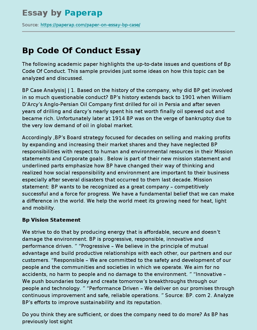 Bp Code Of Conduct Academic Paper