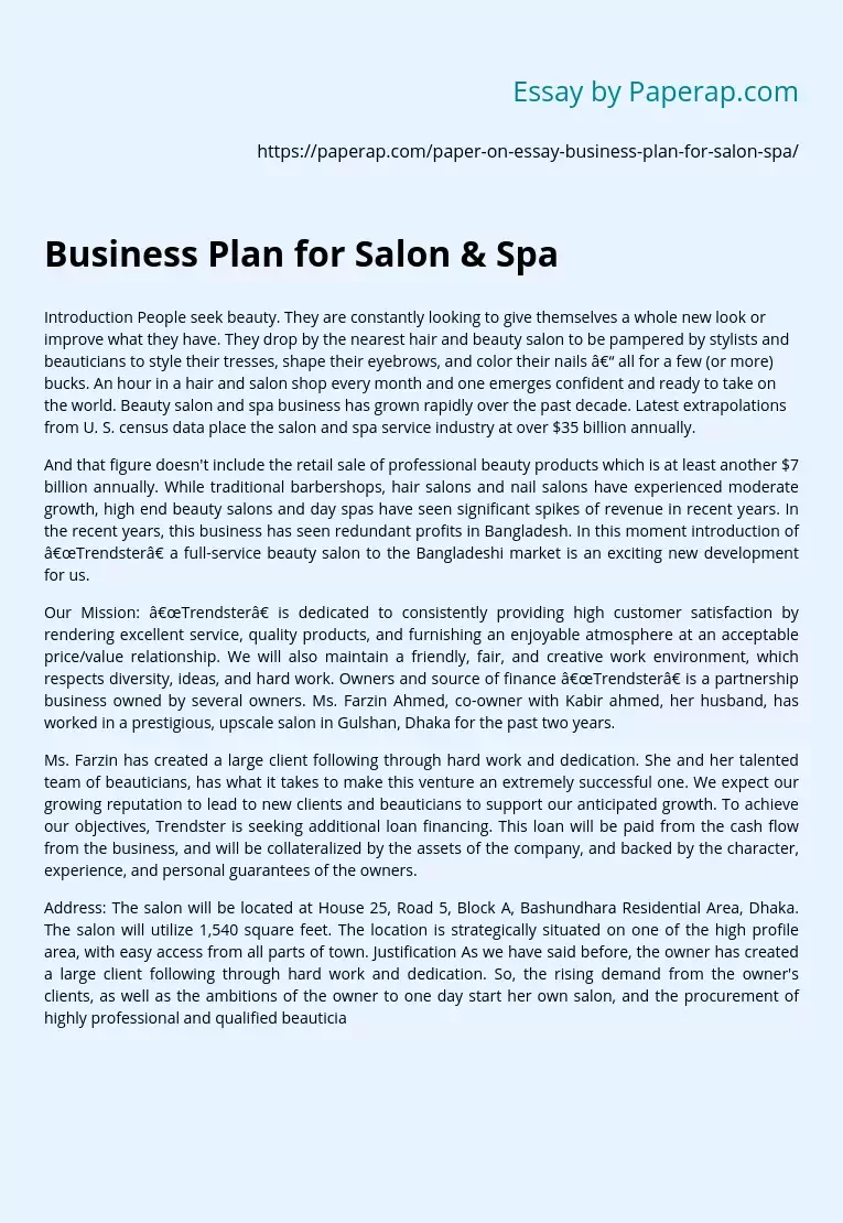 Business Plan for Salon & Spa
