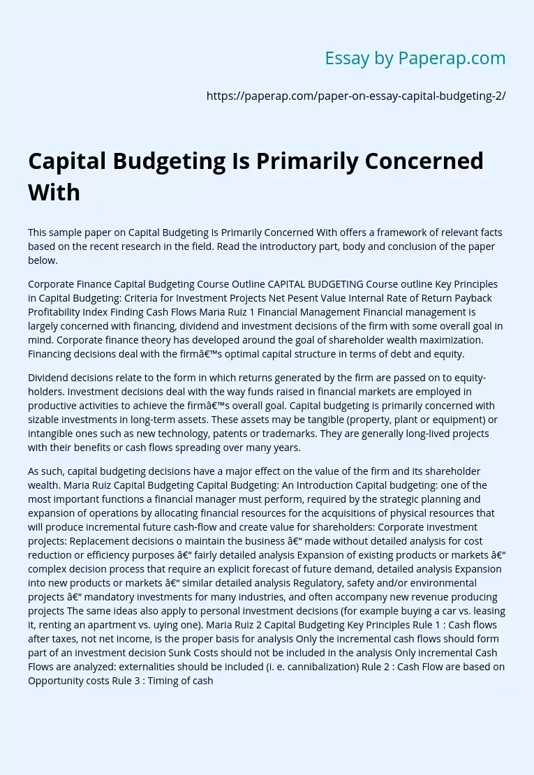 Capital Budgeting Is Primarily Concerned With