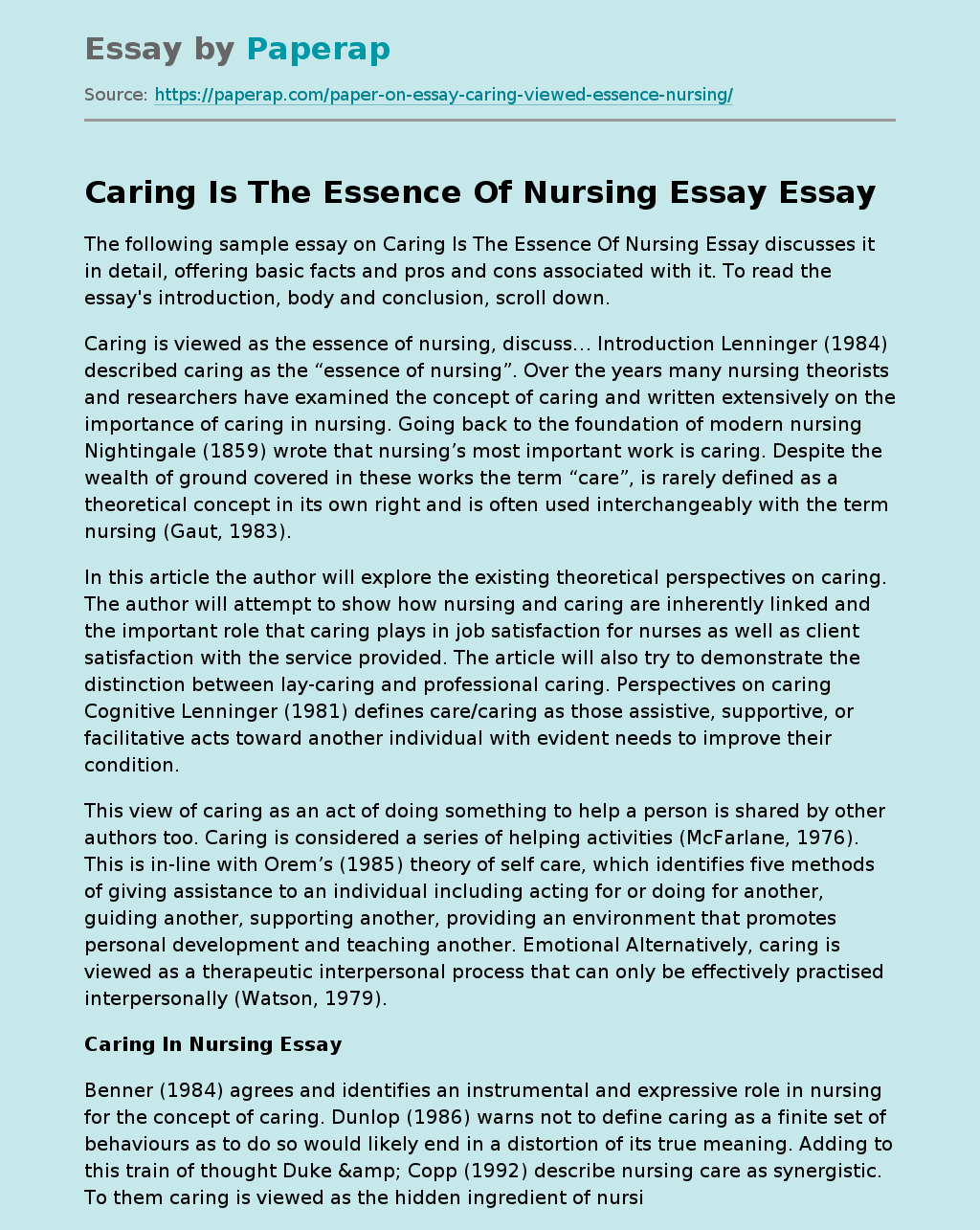 Caring Is The Essence Of Nursing Essay