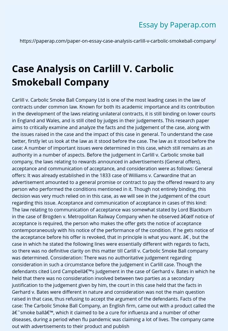 Case Analysis on Carlill V. Carbolic Smokeball Company