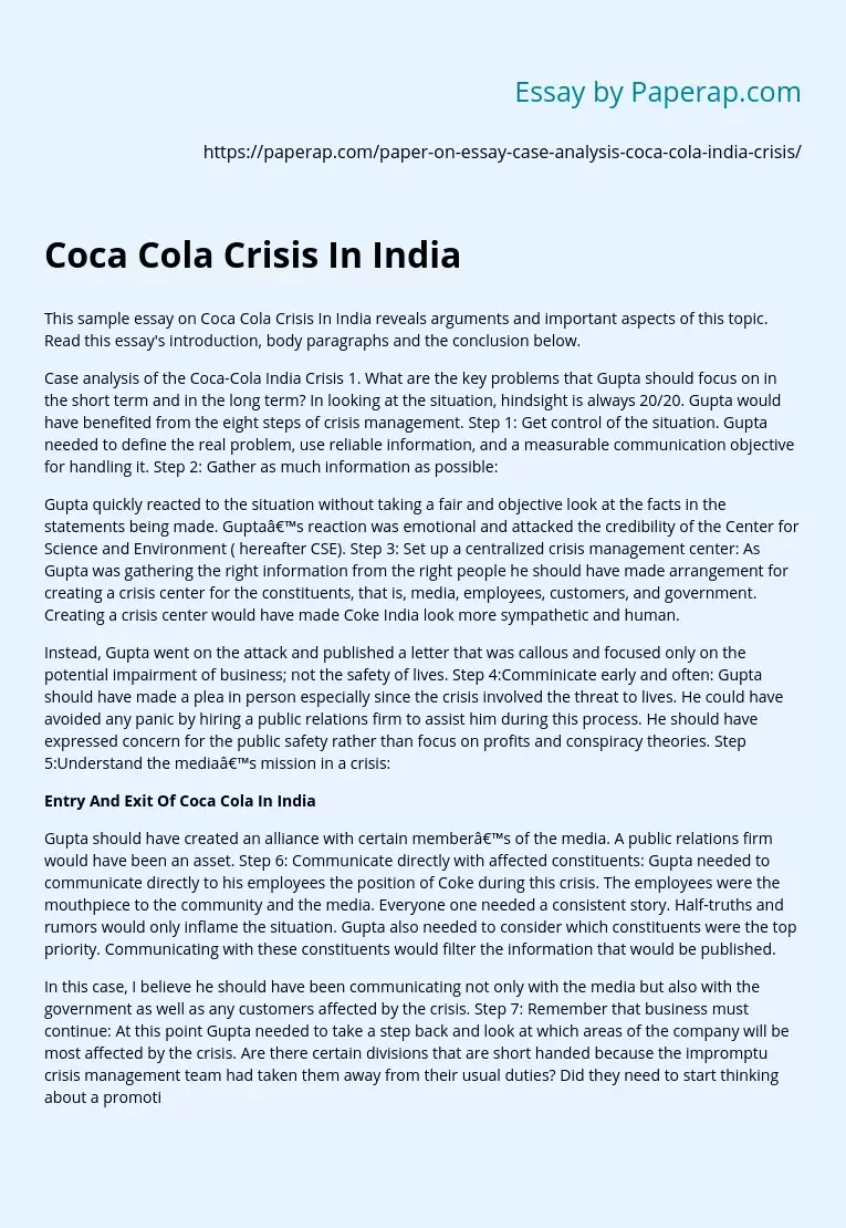Coca Cola Crisis In India