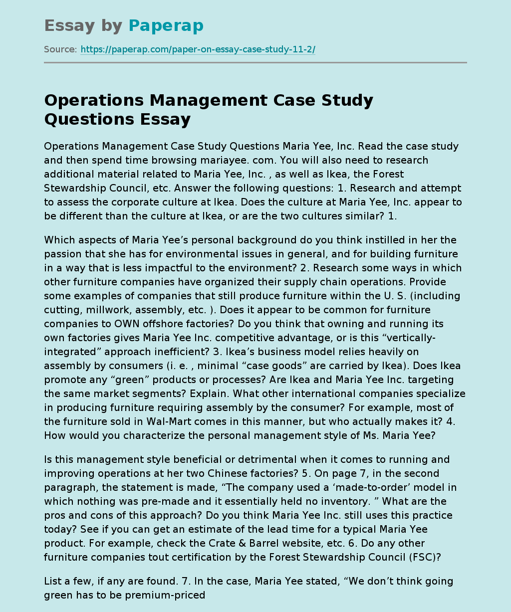Operations Management Case Study Questions