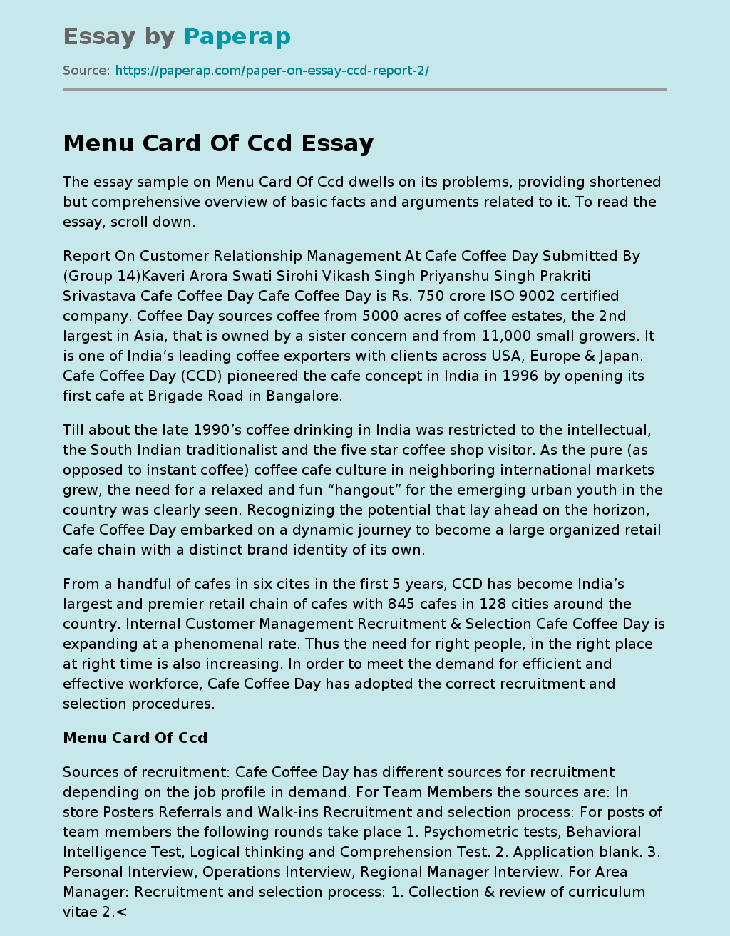 Menu Card Of Ccd