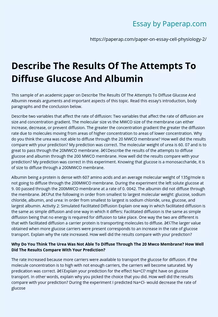 Describe The Results Of The Attempts To Diffuse Glucose And Albumin