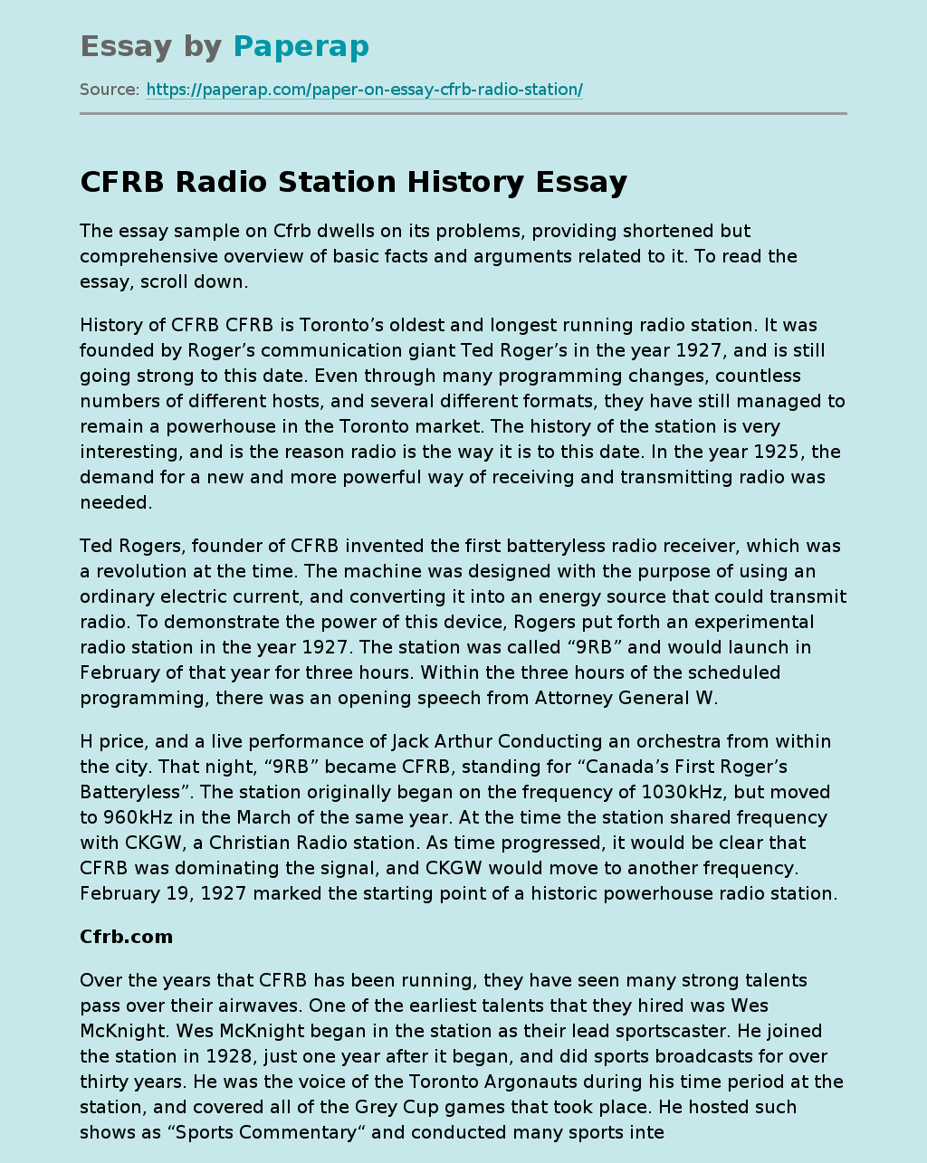 CFRB Radio Station History