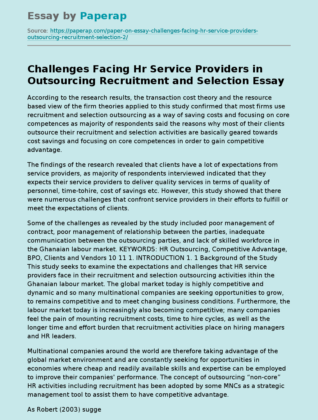 Challenges Facing Hr Service Providers in Outsourcing Recruitment and Selection