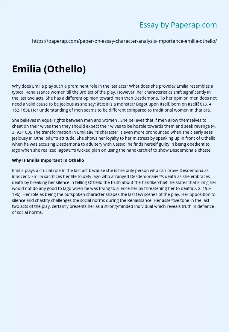 Analysis of Emilia (Othello) Character's Importance