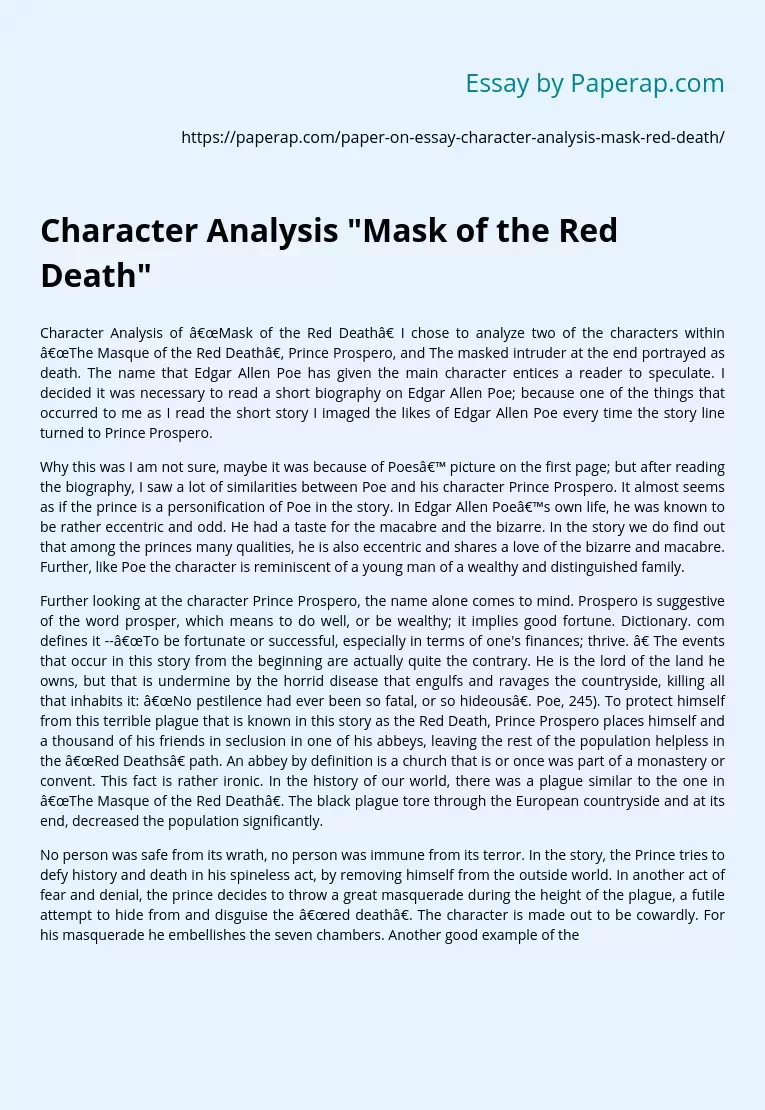 Character Analysis &quot;Mask of the Red Death&quot;