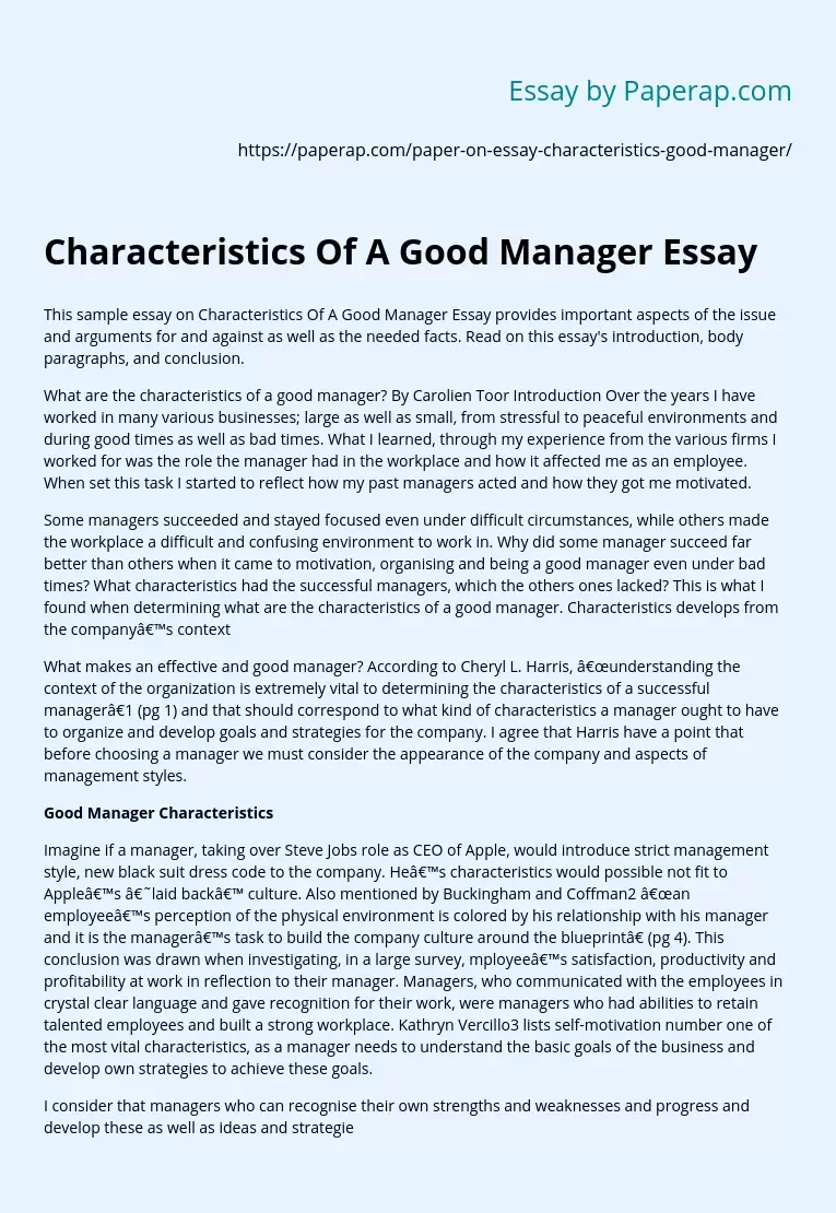 Characteristics Of A Good Manager Essay