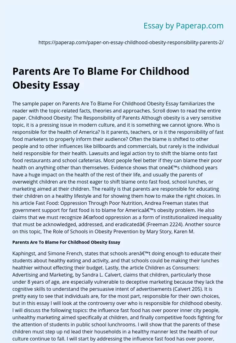Parents Are To Blame For Childhood Obesity Essay
