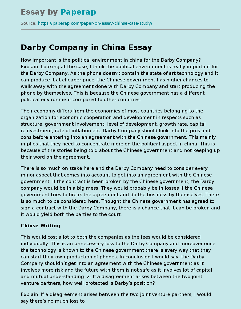 Political Environment in China for Darby
