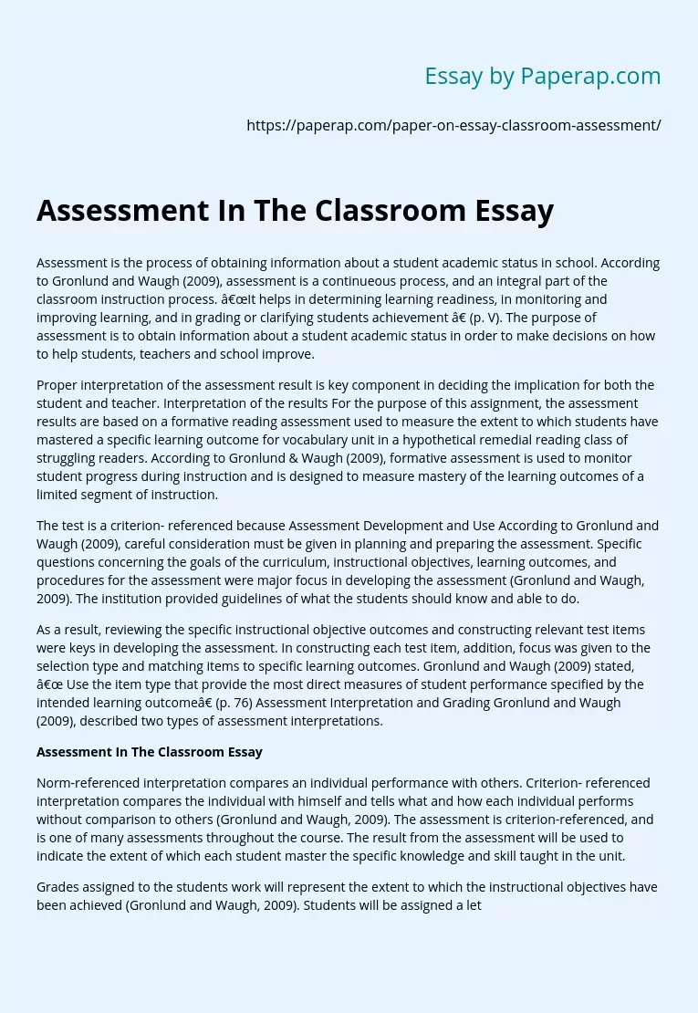 Assessment In The Classroom Essay