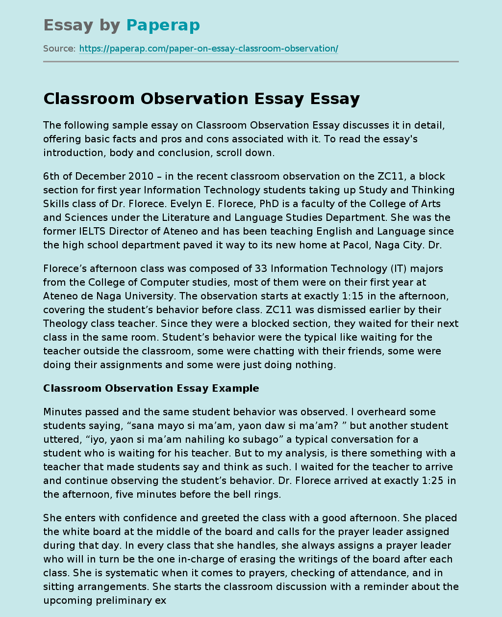 Classroom Observation Essay
