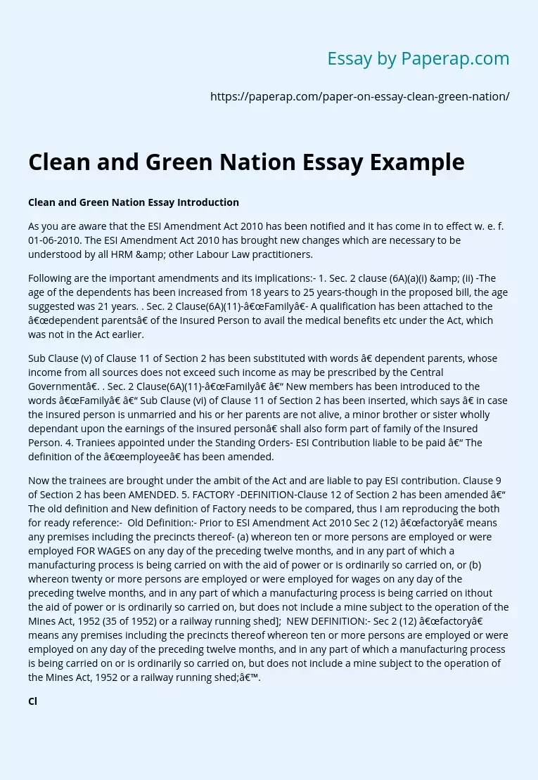 Clean and Green Nation Essay Example