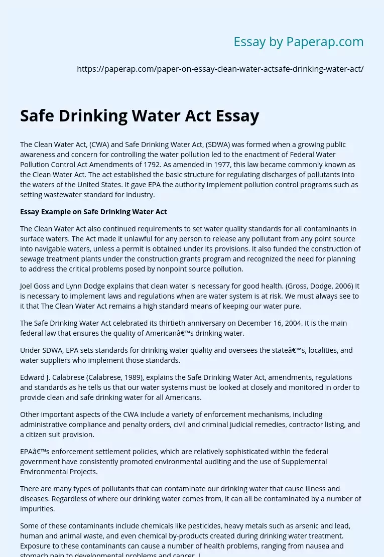 Safe Drinking Water Act Essay