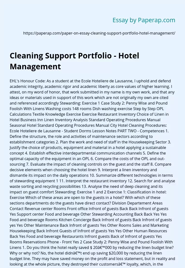 Cleaning Support Portfolio - Hotel Management