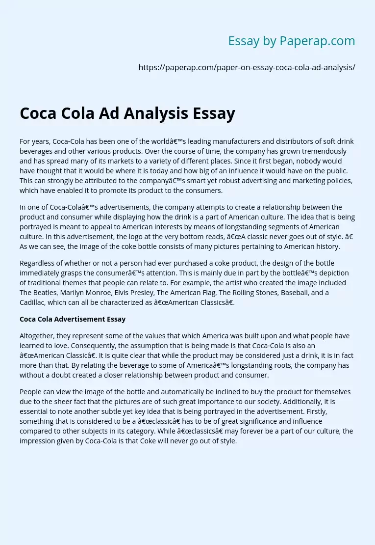 Coca Cola Ad Analysis Essay