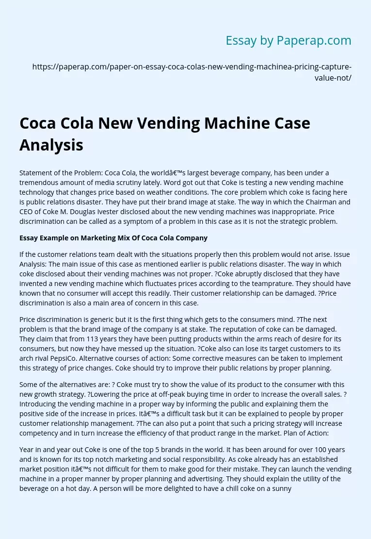 Coca Cola New Vending Machine Case Analysis