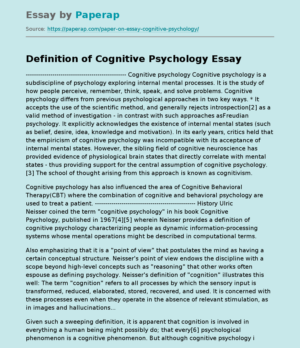 Definition Of Cognitive Psychology Free Essay Example